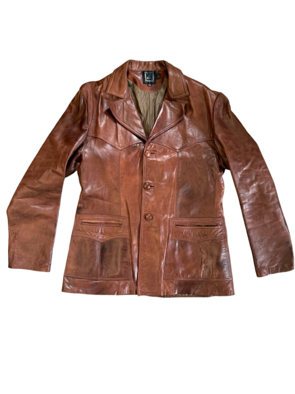 Vintage 70s Brown Leather Western Jacket Coat Size 46 Mexican Leather Car Coat